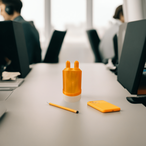 Gyrafar est posé sur une table de bureau dans un call center, pour les avertir en cas de nouvel appel
